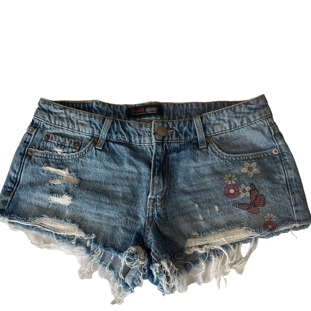 Coca Cola Coke Distressed Blue Denim Low Rise Shorts Sz 6 Logo‎ 31 x 2 in Inseam